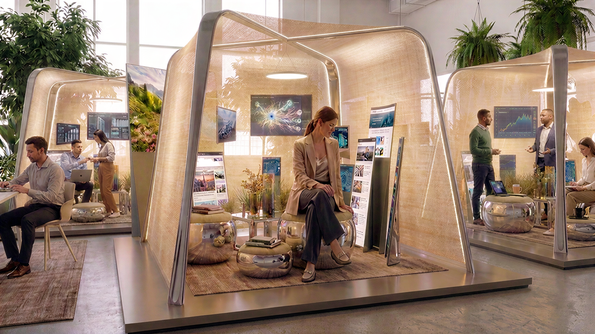 This concept was also based on research into huts and Japanese tea houses. It is making the individual's office an emersive experience, providing shelter and access to multiple video and web feeds, layered around the space. The platform, like a teaho