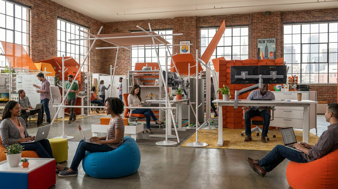Add people. Make photorealistic in Google's New York office. Change man on right to be inside the wo.png