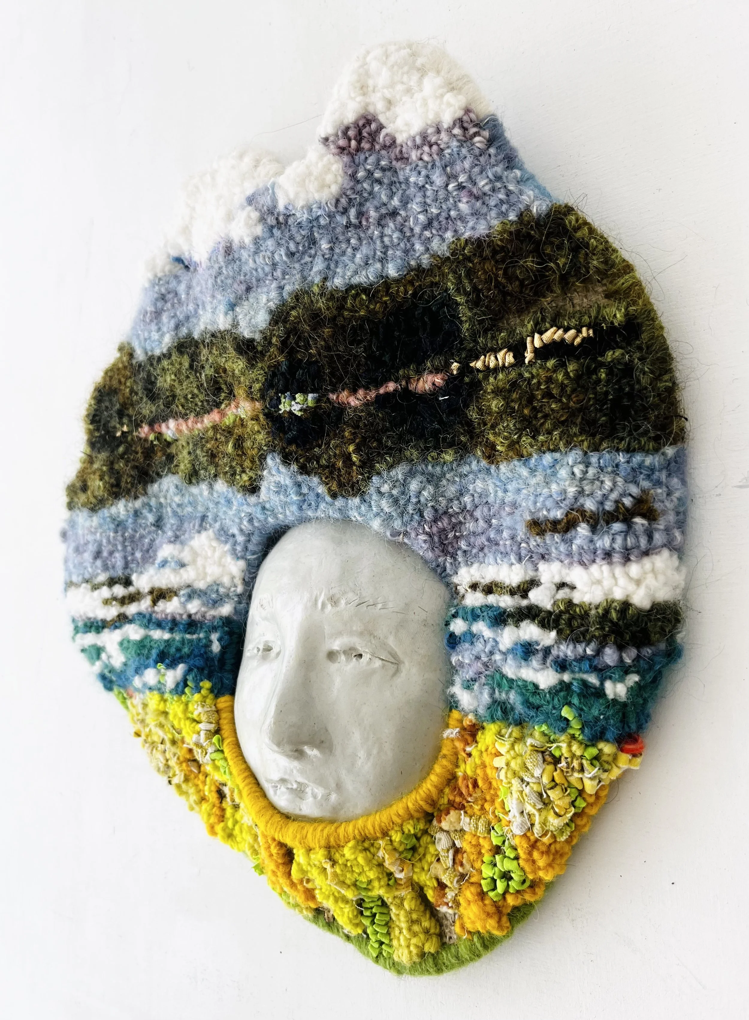 Carew_Peace Dreams, Lake Reflection_ 11.5” W x 12” H x 1.5” D_Repurposed and metallic textiles, yarn, beads, clay_$425_side.jpeg
