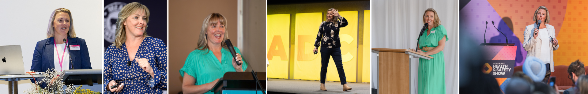 Carli Phillips delivering wellbeing keynotes at conferences including the Workplace Health & Safety Show