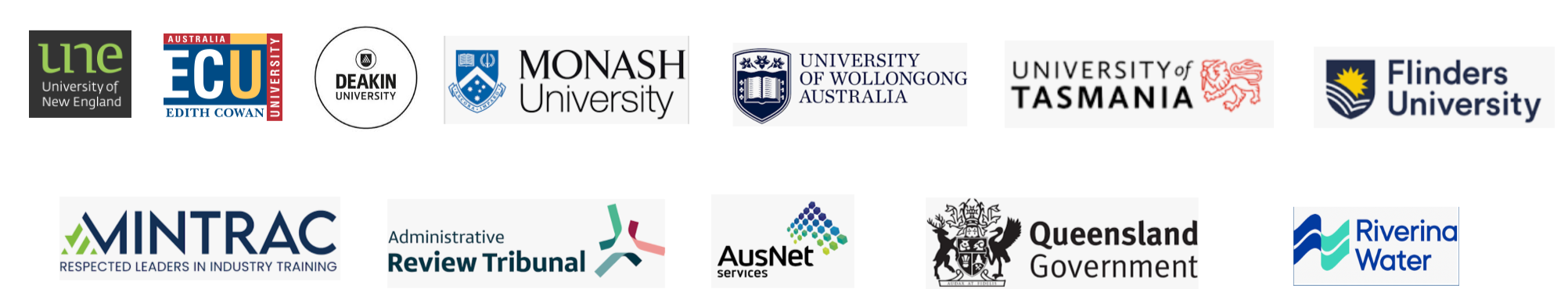 University and government clients: University of New England, Edith Cowan, Deakin, Monash, University of Wollongong, University of Tasmania, Flinders University, MINTRAC, Administrative Review Tribunal, AusNet, Queensland Government, Riverina Water