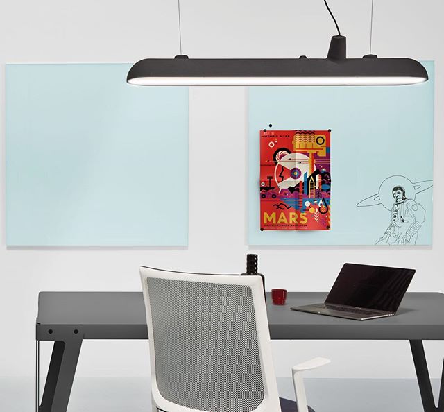 Enscribe 1200 x 1200 Magnetic Glass Boards in light blue. Right board with custom line art print. Also featuring the gorgeous Lloyd Table and Luftschiff from @functionals