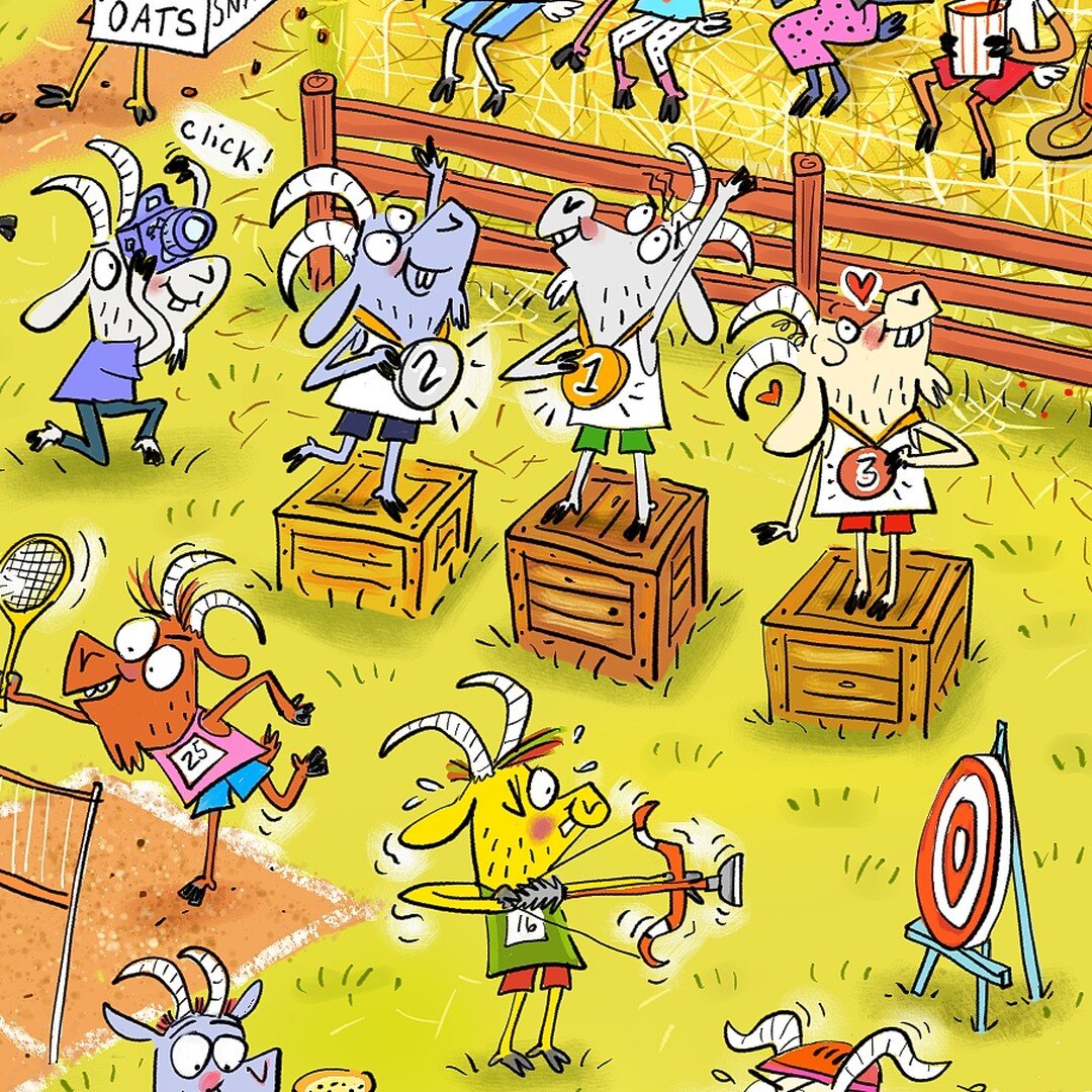 I finally finished this fun puzzle illustration! I posted a sketch of it back in February, which I included. Hmmmm.... I just noticed that I left off the horizontal lines to the badminton net. Oops. Gotta fix that! 😬😂

#goats #goatcartoon #goatillu