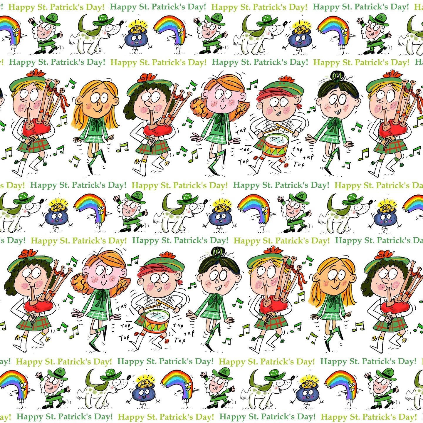 Happy St. Patrick's Day! 💚🍀 I took characters from the #stpatricksdayparade illustration I did and made a kinda pattern with them. Have a great Sunday! 

#stpatricksday #happystpatricksday #kidlitillustrator #kidlitartist #childrensbookillustrator 