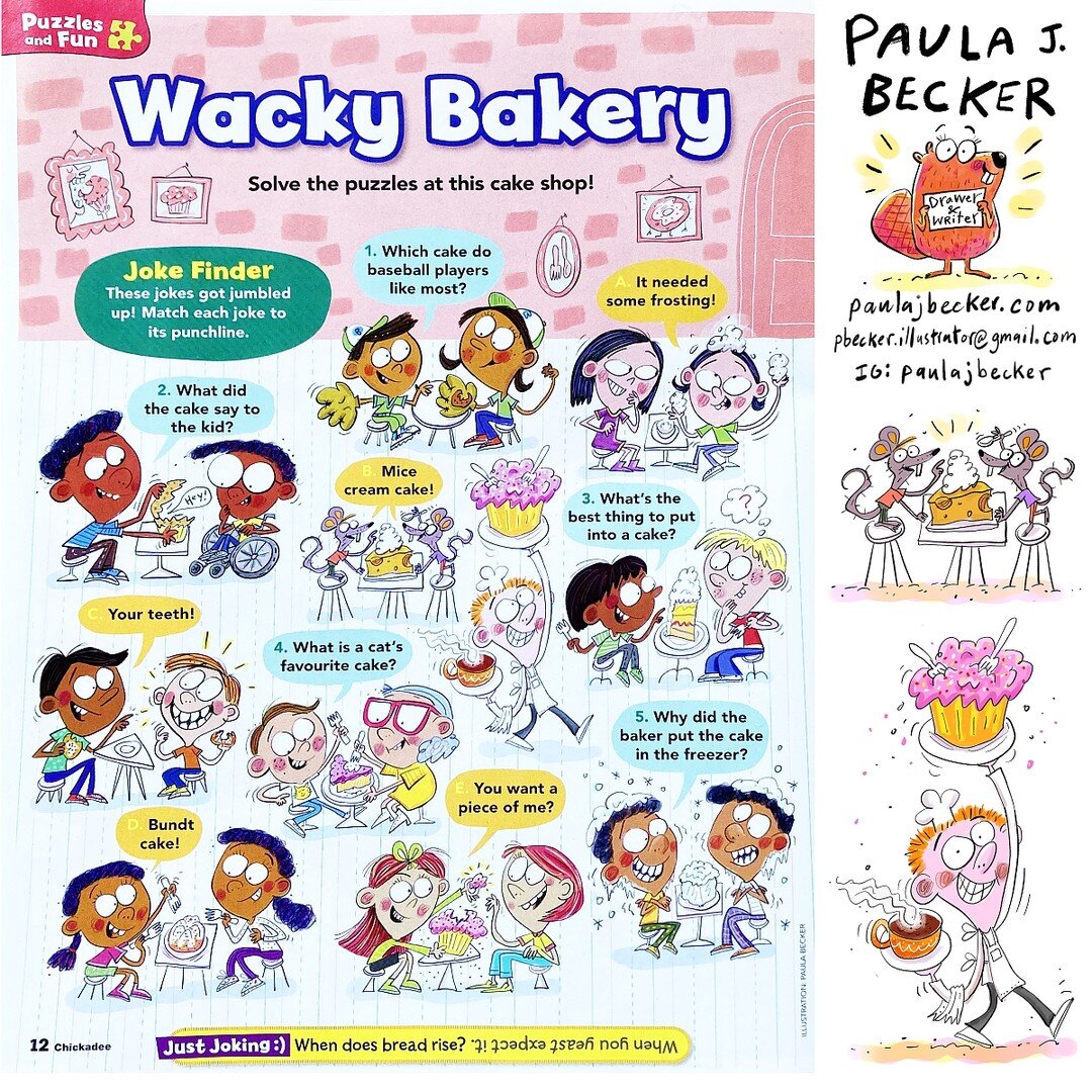 Happy #kidlitartpostcard day! I'm Paula, illustrator of PBs, MGs, CBs, cartoons, comics, magazine, &amp; puzzles! This is part of a recent puzzle spread for the super fun and educational Chickadee magazine! 

#wackybakery #chickadeemagazine #kidlitil