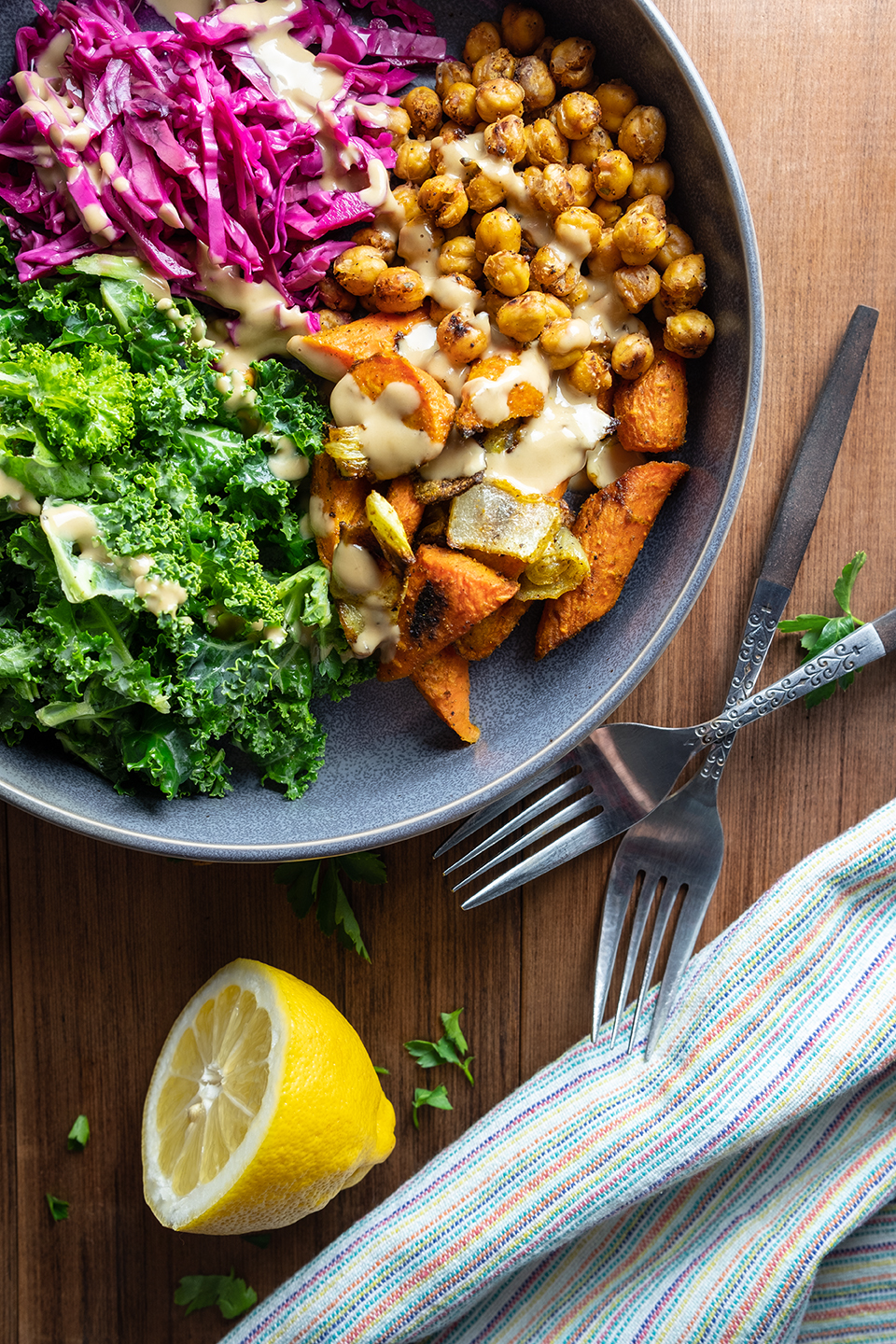  Spicy Healthy Vegetarian Buddha Bowl with a sunflower butter and lemon dressing 