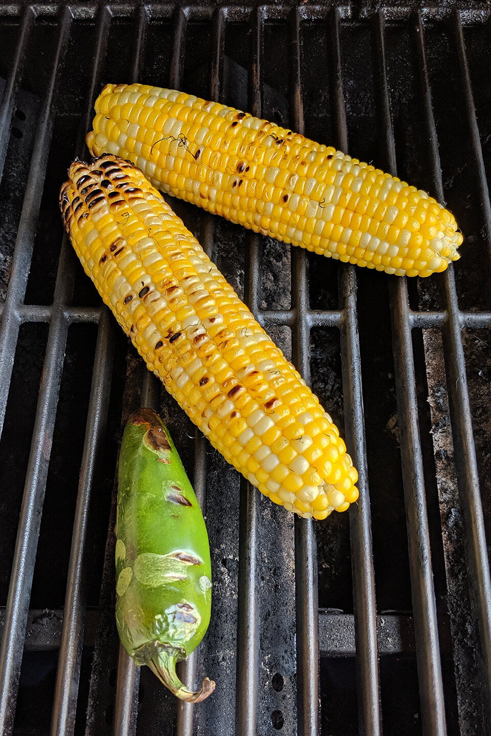  Corn on the cob and jalapeños on a grill with sear marks.  