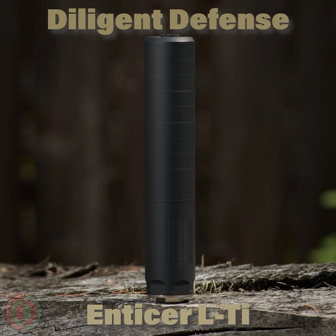 Diligent Defense Enticer L-Ti 30 caliber silencer rated for up to 300 Winchester Magnum. Weighing 10.6oz with the 5/8 x 24 direct thread mount. The rear is threaded for HUB compatibility. The front cap threading is compatible with Dead Air front caps