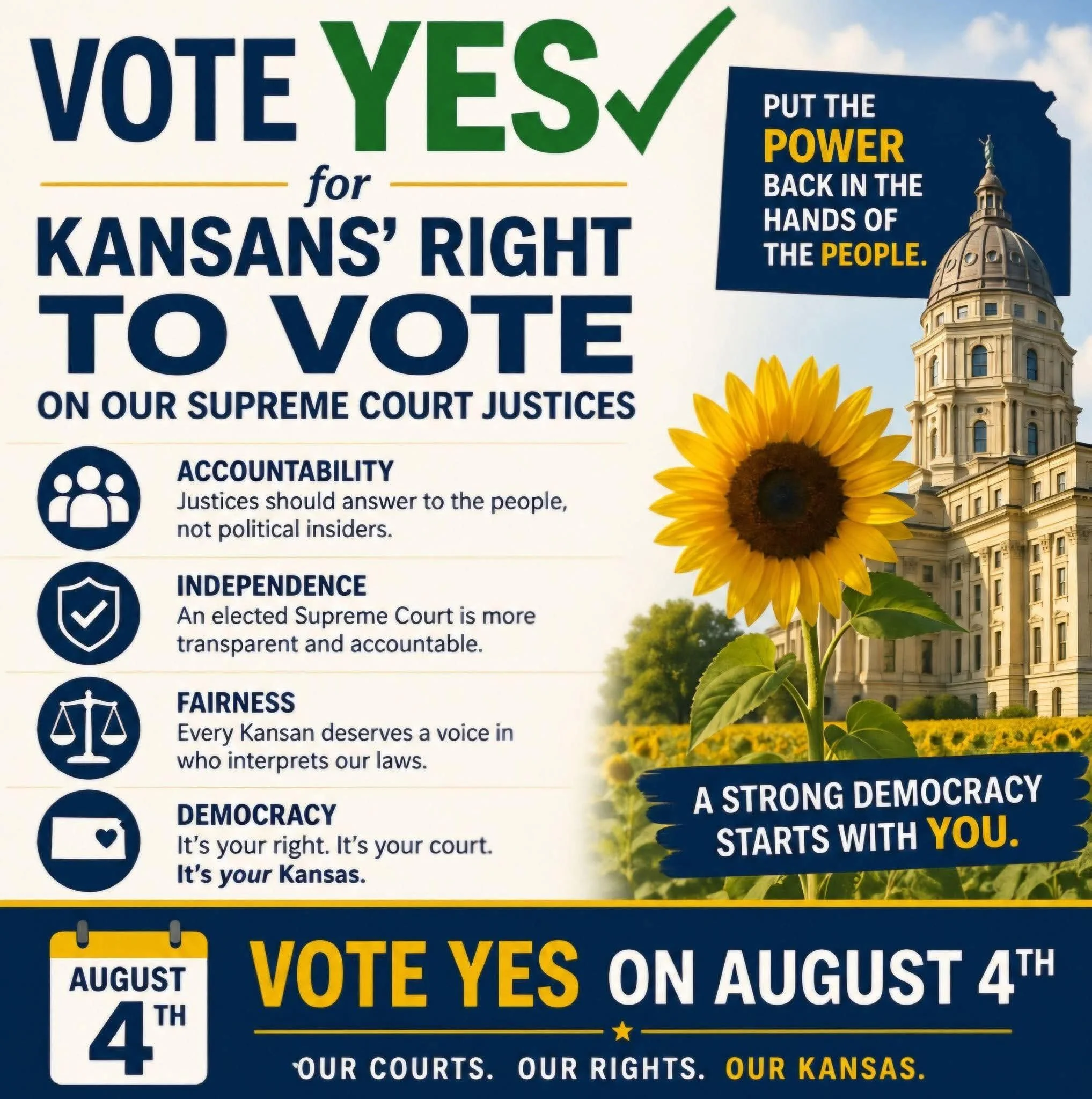 A political campaign poster encouraging people to vote yes on August 4th for Kansas' Supreme Court Justices, emphasizing accountability, independence, fairness, and democracy. The poster features bold text, a sunflower, and an image of a government building.