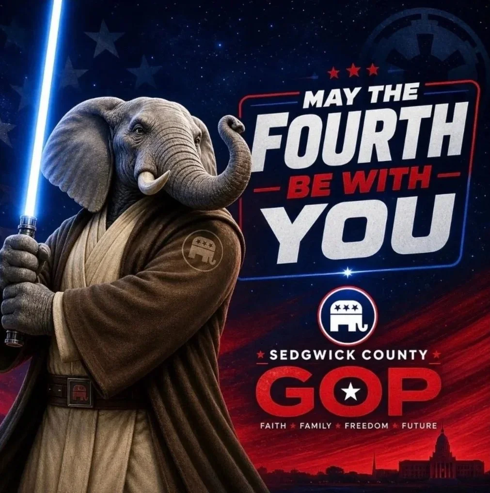 A cartoon elephant dressed as Obi-Wan Kenobi holding a blue lightsaber, with a campaign poster for Sedgwick County GOP that reads 'May the Fourth Be With You' and features the Republican elephant logo, surrounded by stars and a city skyline at sunset.