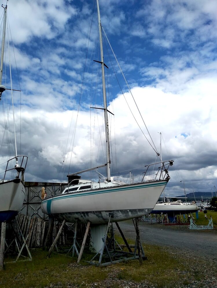 Alerion sitting in the boat yard