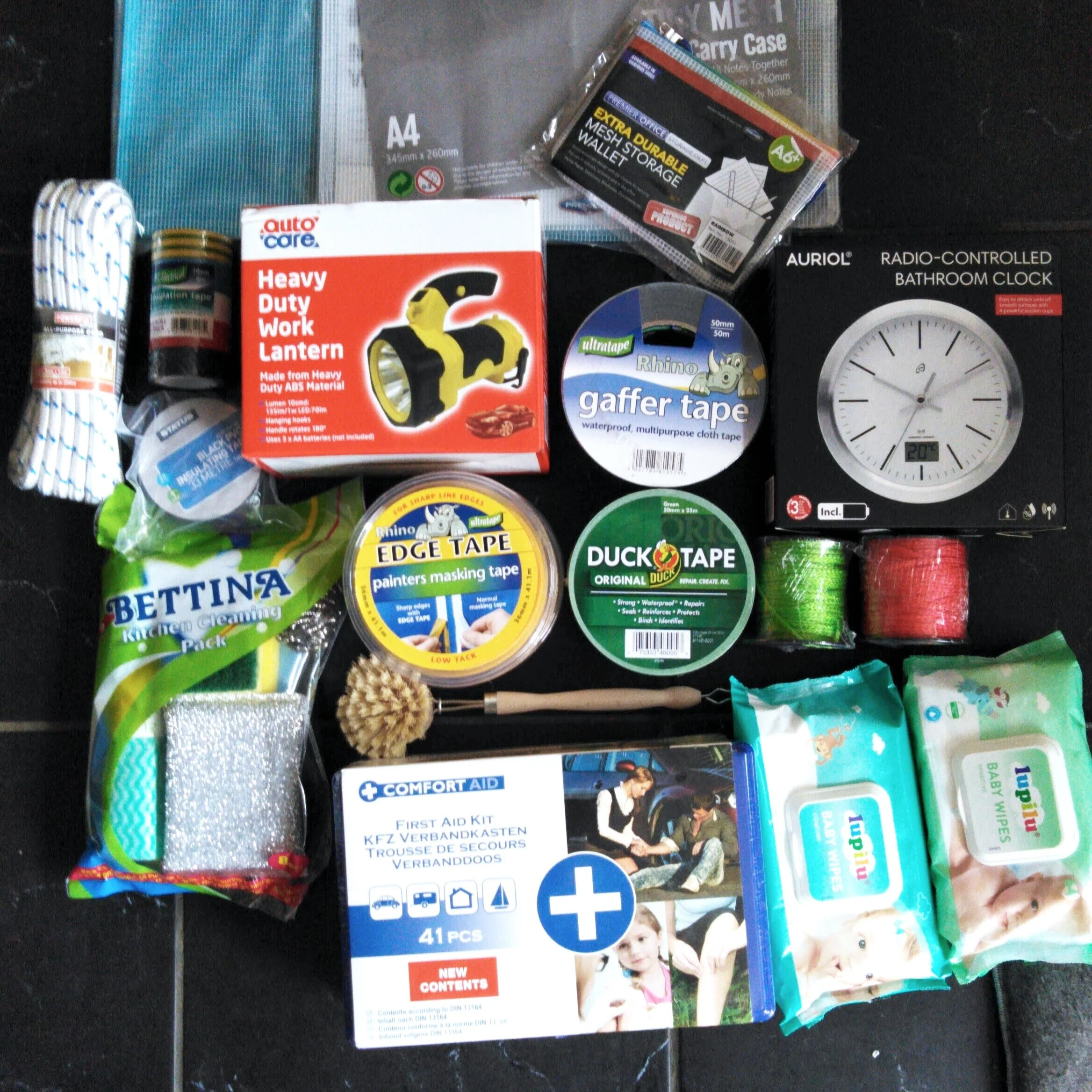 Some of the many many items that were needed for the boat - Baby wipes will clean ANYTHING. They are the strongest cleaning item I know of!