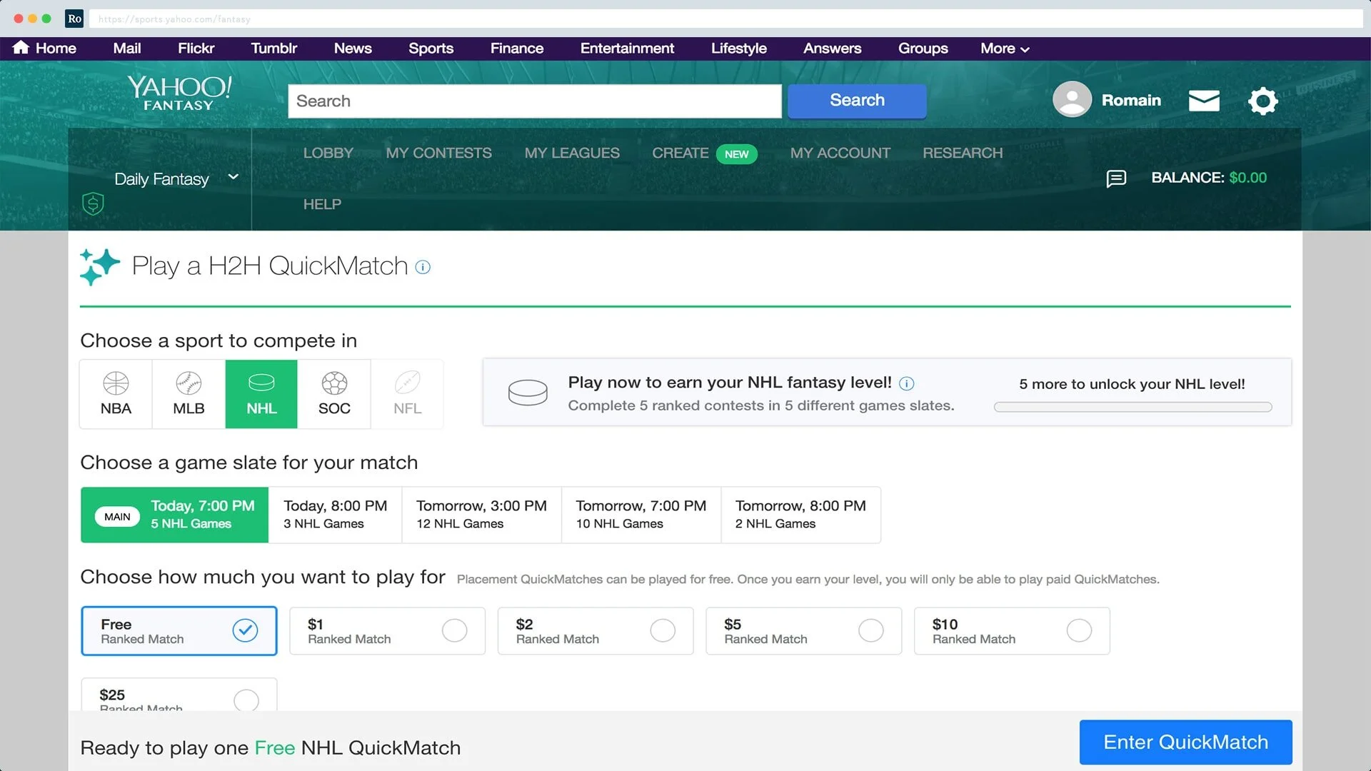 Yahoo Fantasy League interface using an icon per sport
