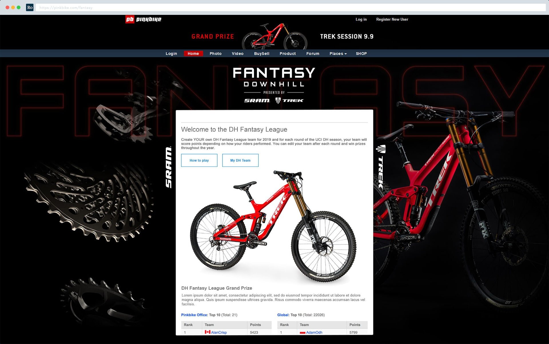 Concept design for the Pinkbike Fantasy downhill contest landing page