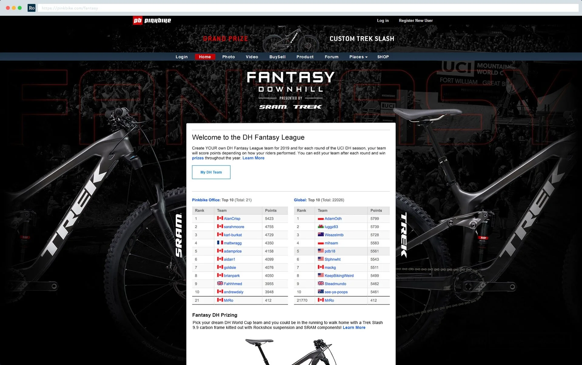 Final landing page design for the Pinkbike Fantasy downhill league