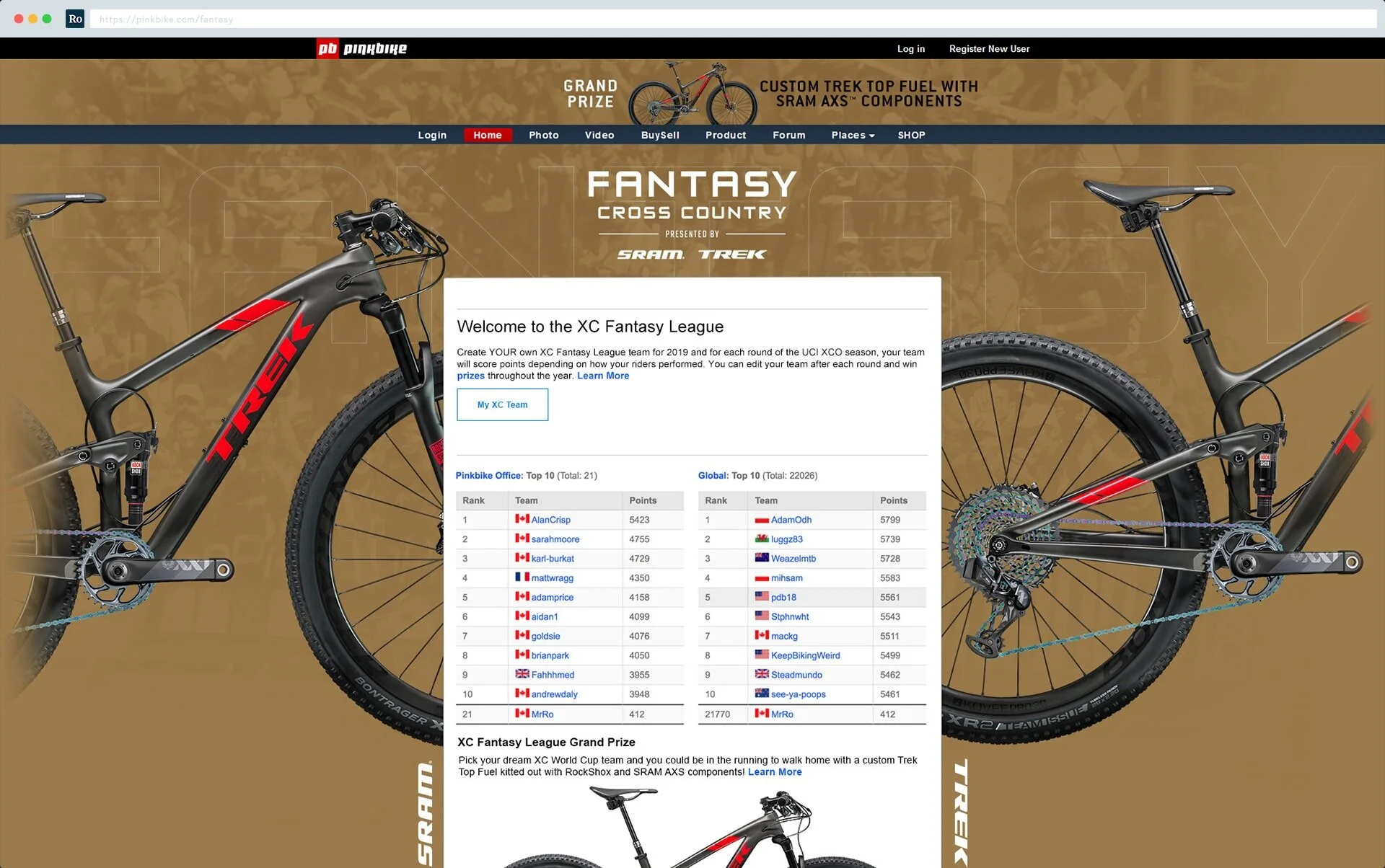 Final landing page design for the Pinkbike Fantasy cross country league