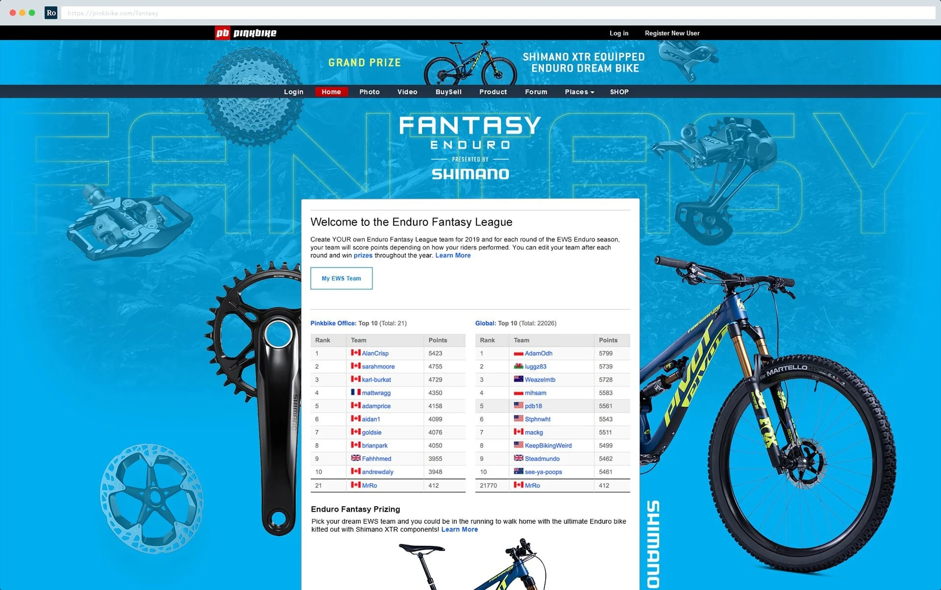 Final landing page design for the Pinkbike Fantasy Enduro World Series league