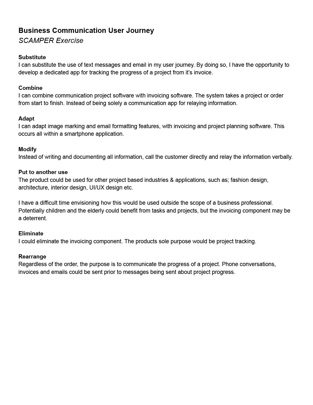 SCAMPER exercise to generate ideas for the prototype