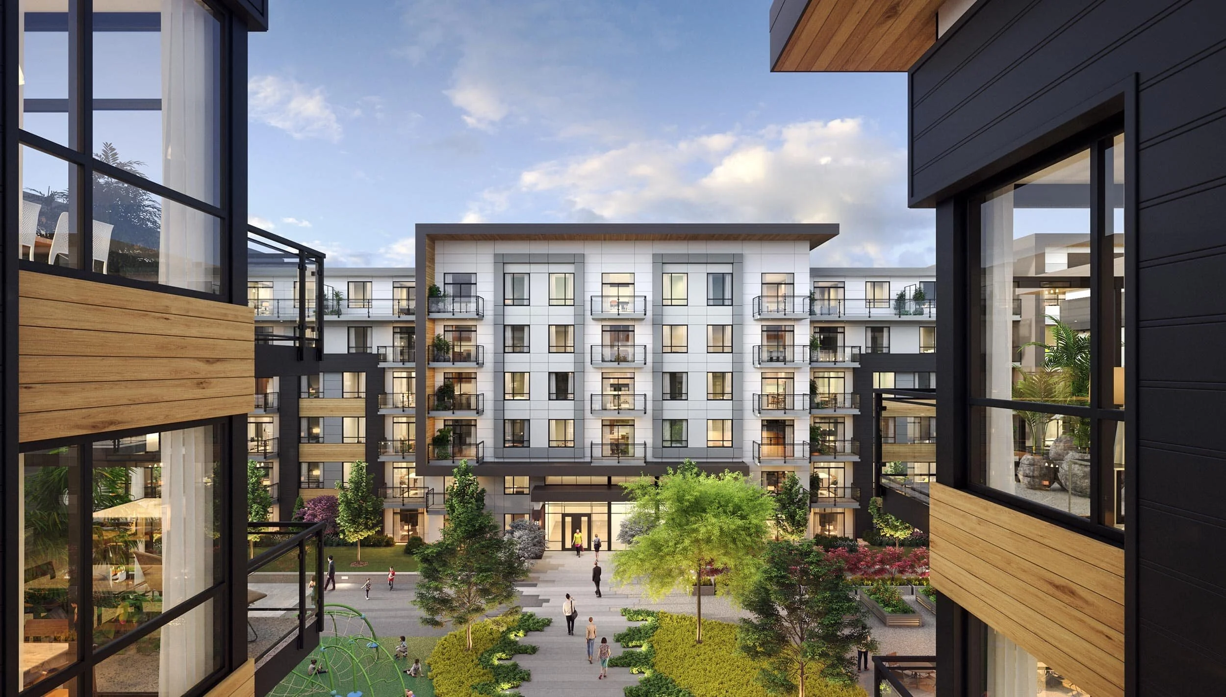 Exterior courtyard rendering of The Rex Living development in Abbotsford