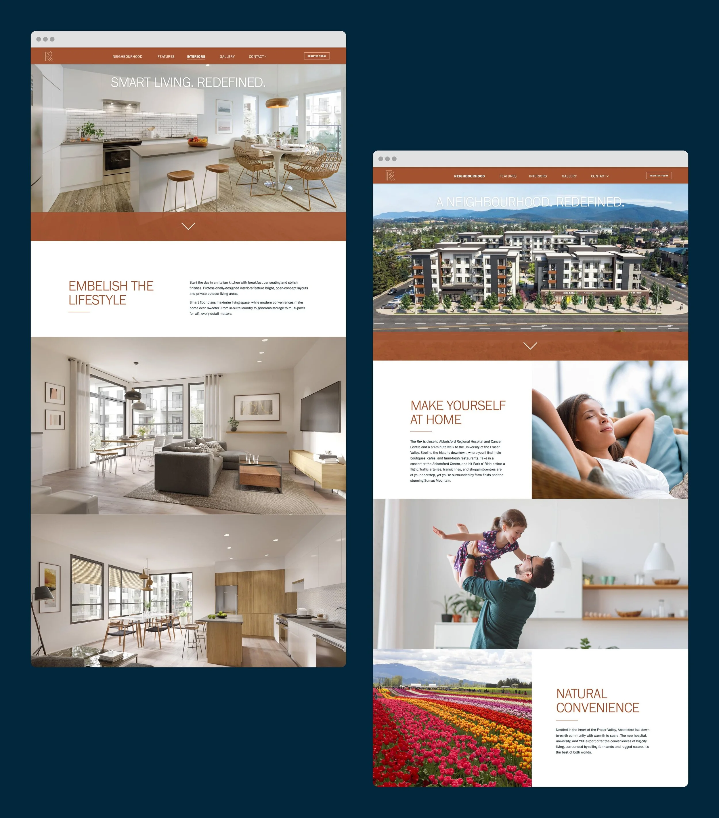Low fidelity wireframes for The Rex Living website covering nav, features, gallery and contact form