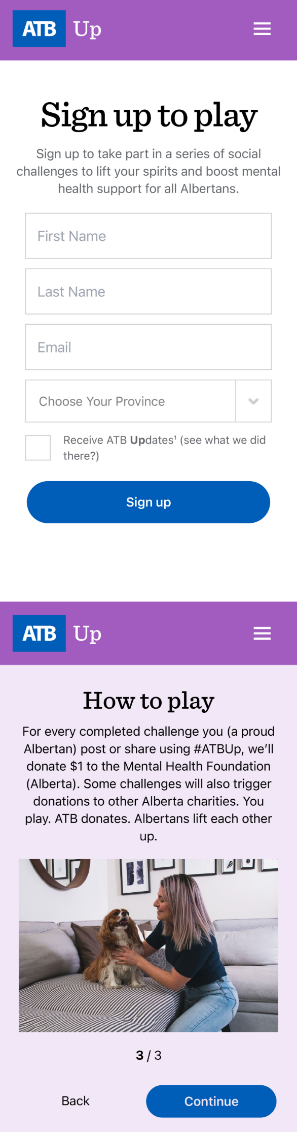 ATB Up mobile registration screens