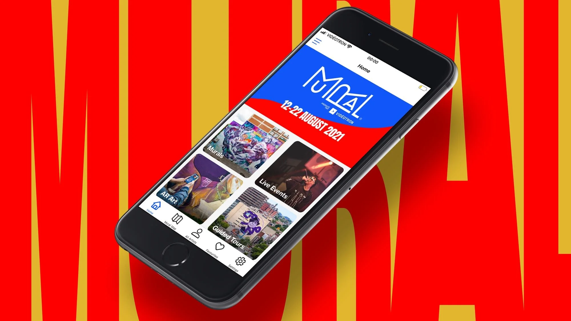 MURAL Festival app home screen with featured artists and live events