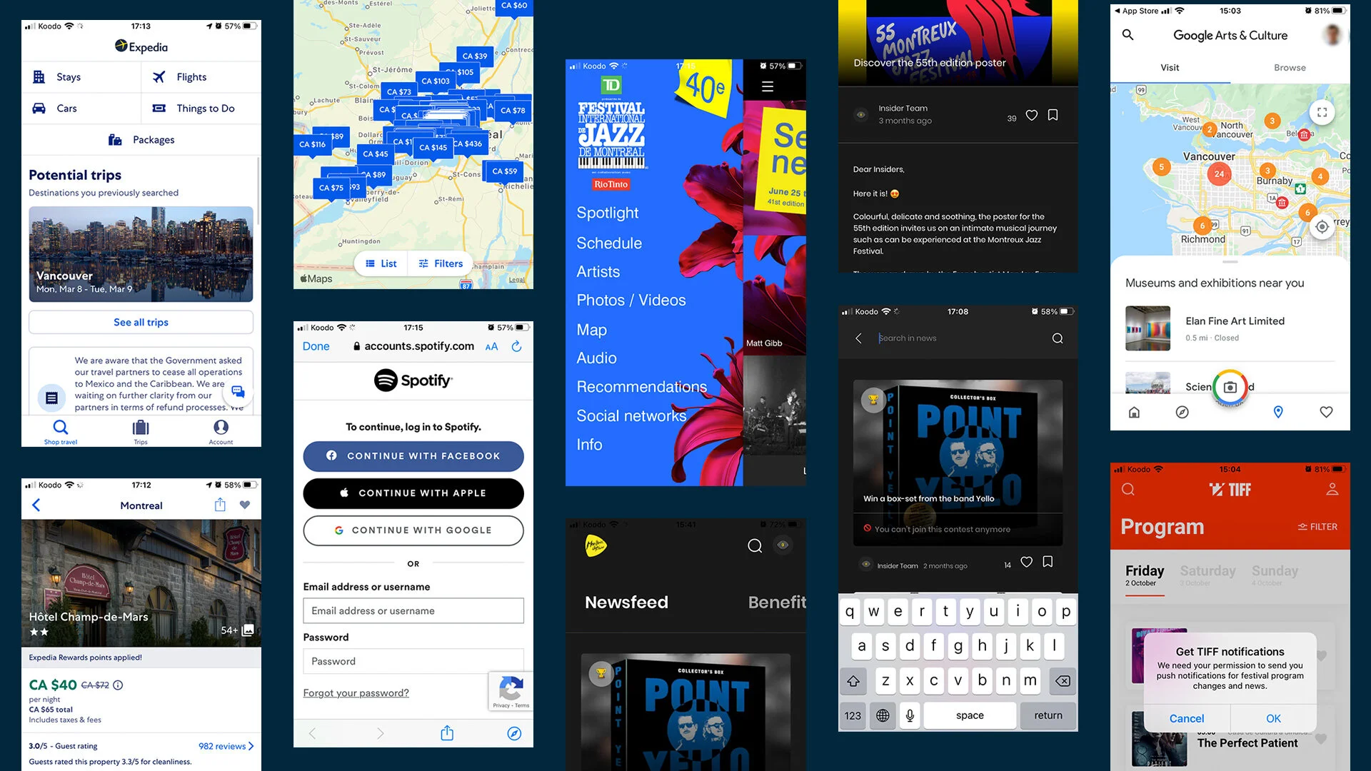 Competitor analysis of the Google Arts & Culture, Montreux Jazz, TIFF and Expedia apps