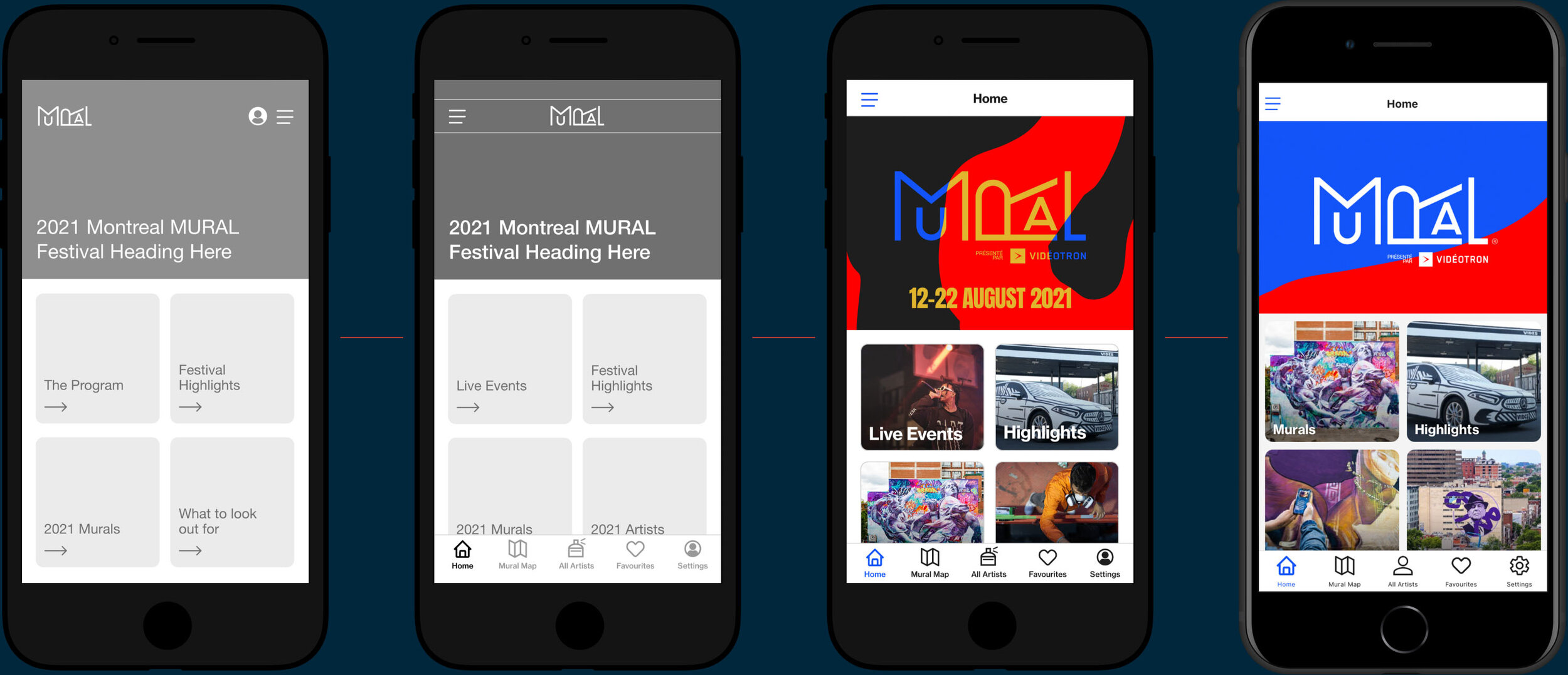 High fidelity design evolution of the MURAL Festival app home screen