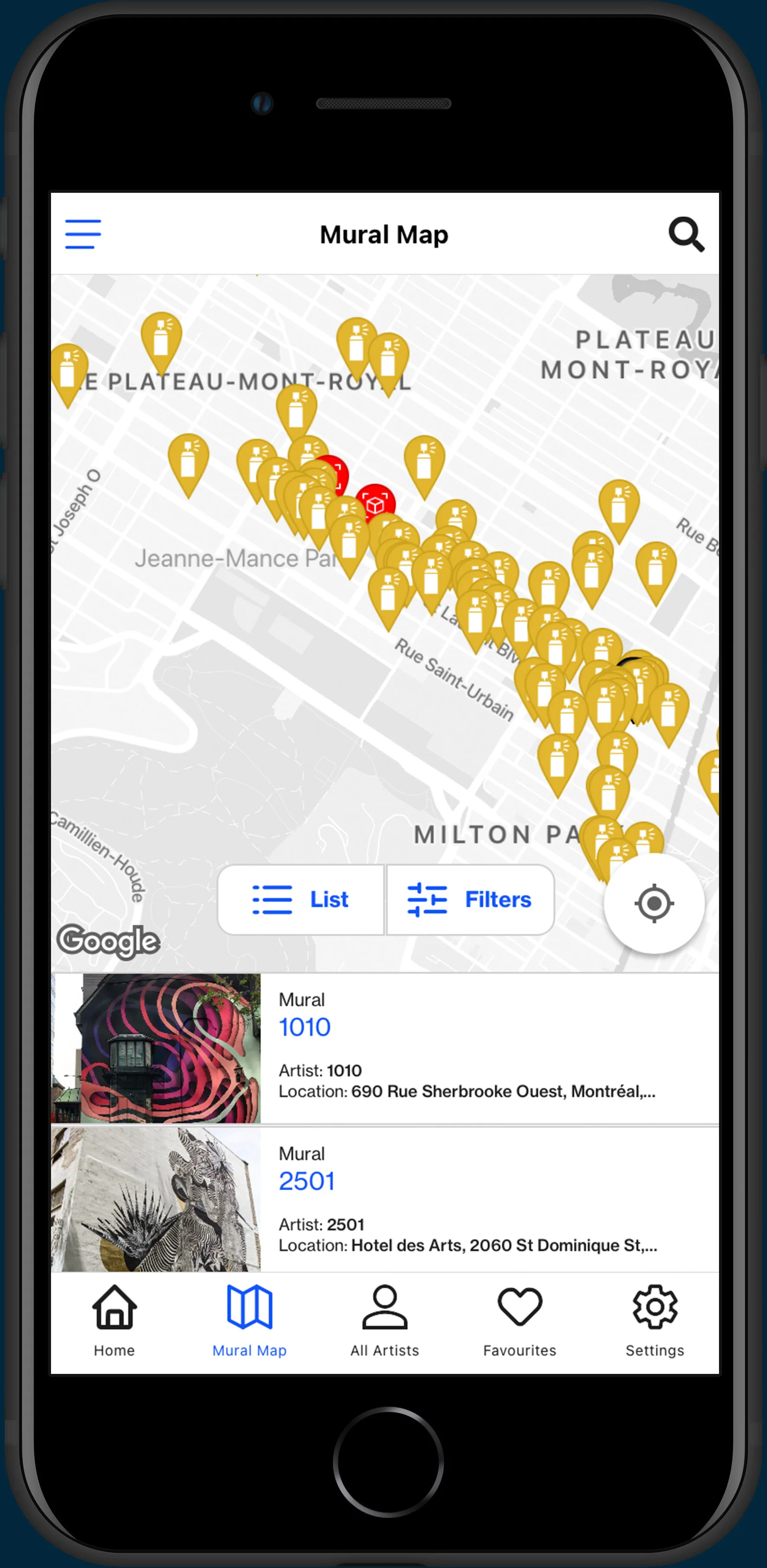 MURAL Festival app mural map list view