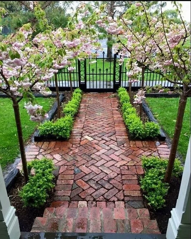 Monday inspiration: as the new working year starts back up we are drawing on the simplicity of this formal front entry. The use of clay brick pavers, low set hedging and feature trees makes a big statement with minimal effort. Happy Monday. 📸 from h