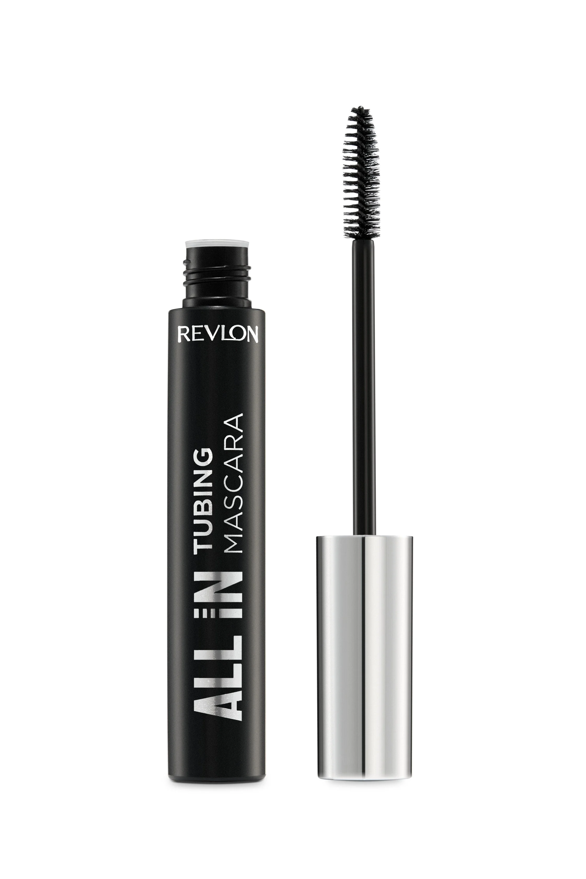 A Revlon mascara tube with the wand applicator next to it, both set against a white background.