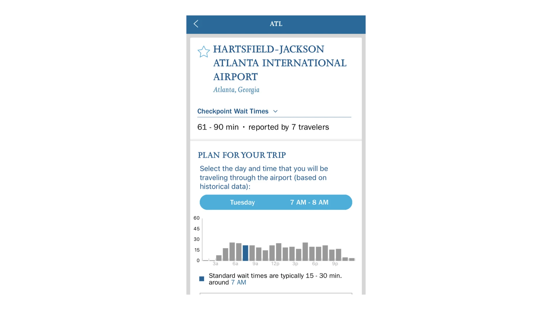 TSA app shows the average waiting time for different time slots. If passengers don’t want to miss their flights, they need to constantly check the app to avoid peak times. It shows useful information but still doesn’t solve the problem.