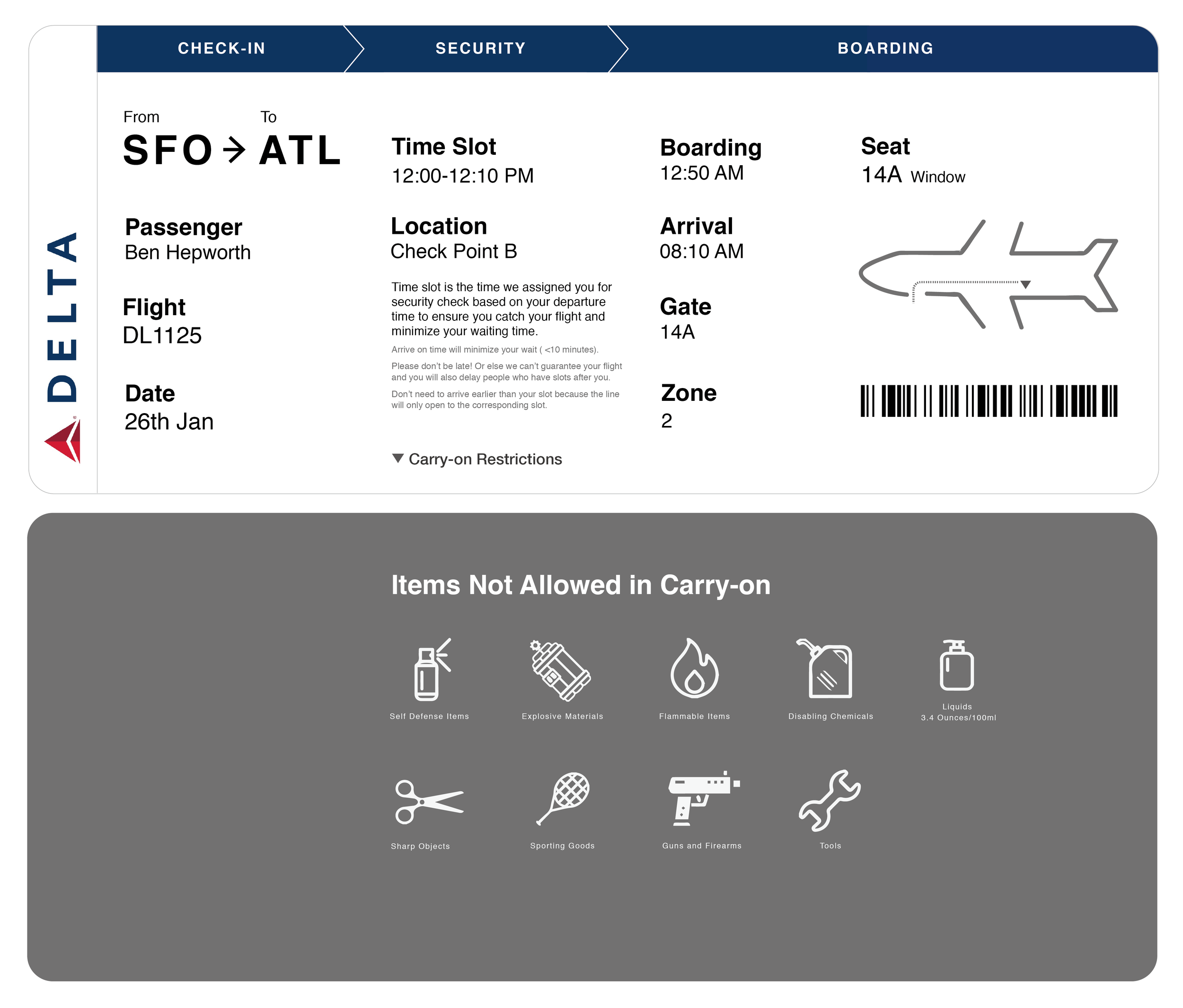 We reorganized the information into 3 travel stages based on location. Under the security section, we listed the assigned time slot and checkpoint location again, as well as the carry-on restrictions at the back.