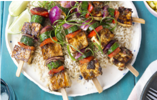 Jerk Spiced Tofu Vege Kebabs on Brown Rice