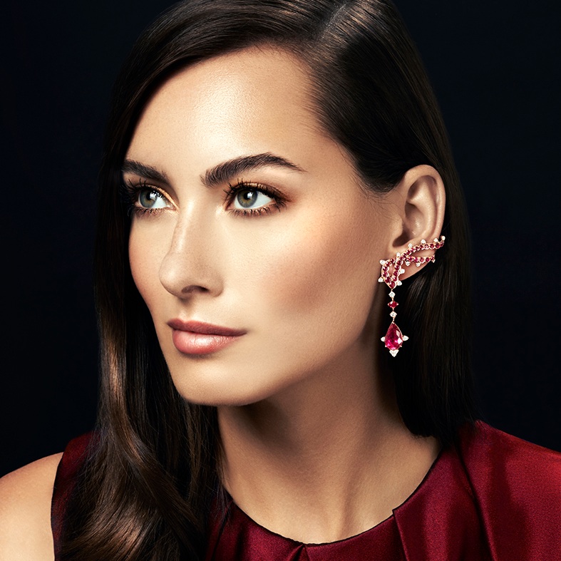 Model wearing Fine Jewellery Climber Earrings in 18 Karat Gold and Ethically Sourced Gemstones