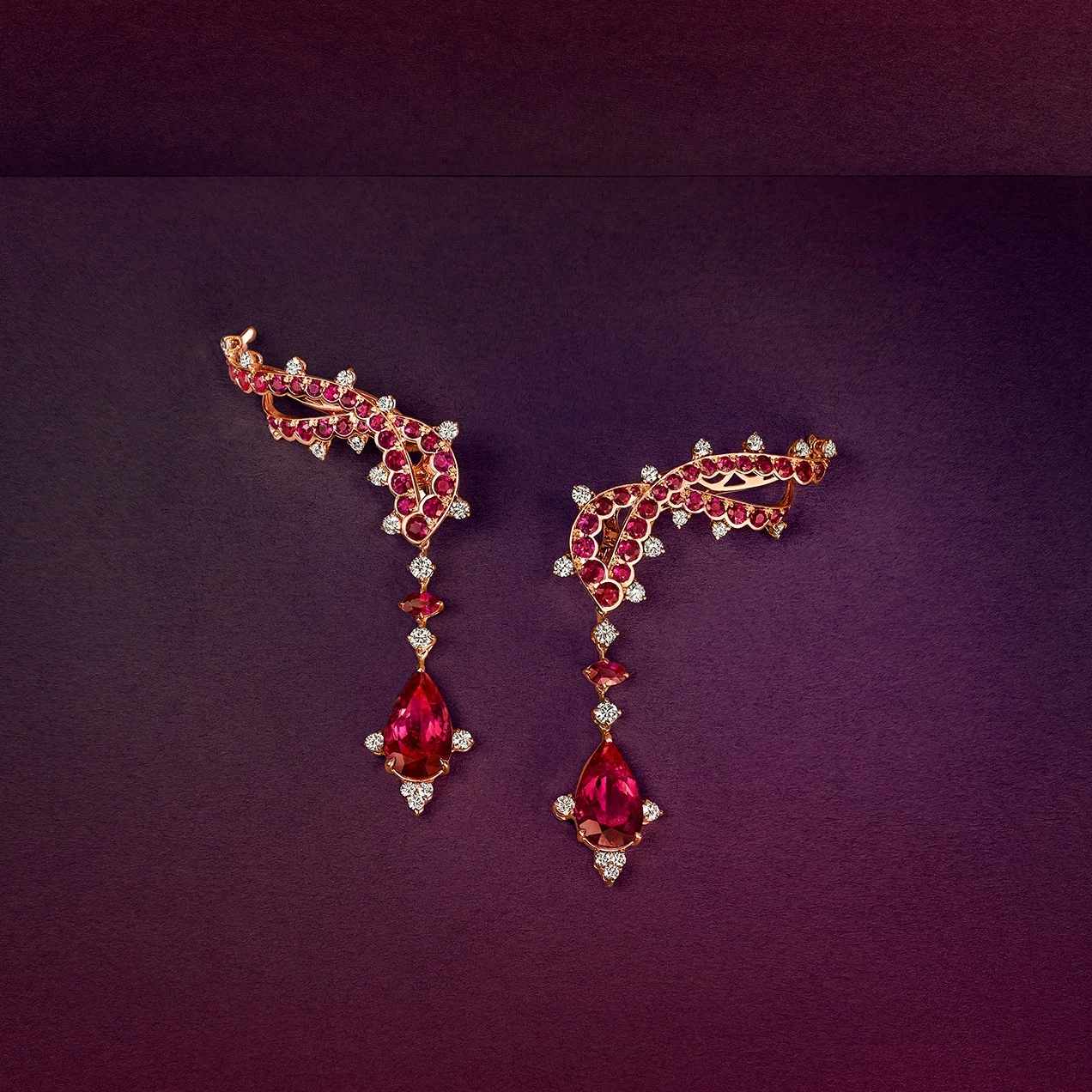 Luxury Earrings in 18 Karat Gold White DIamonds Rubies and Rubelites