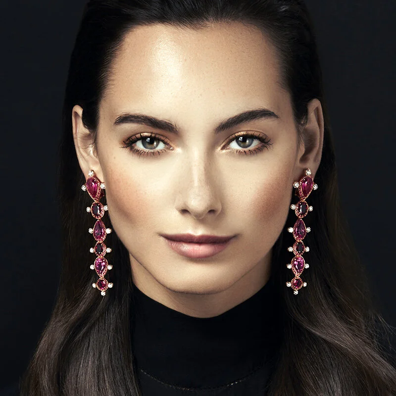Model wearing Luxury Stiletto Earrings in 18 Karat Gold and Ethically Sourced Gemstones