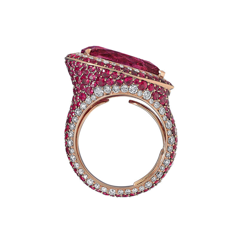 Fine Jewellery Cocktail Ring in Rose Gold White Diamonds Rubies and Rubelites