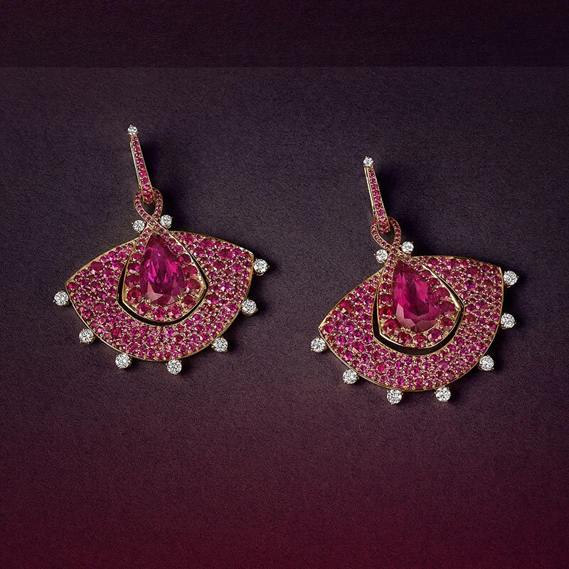 Fine Jewellery Fan Earrings in 18 Karat Gold Diamonds Rubies and Rubelites