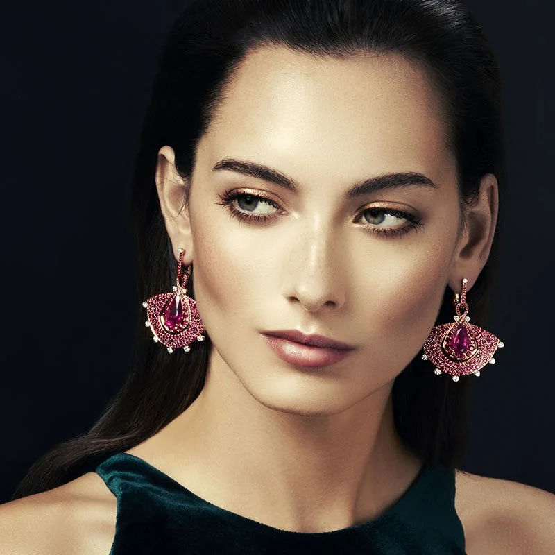 Out of Africa-18 Karat-Rose Gold-White Diamonds-Ruby-Rubelite-Fan-Earrings-model-2.jpg