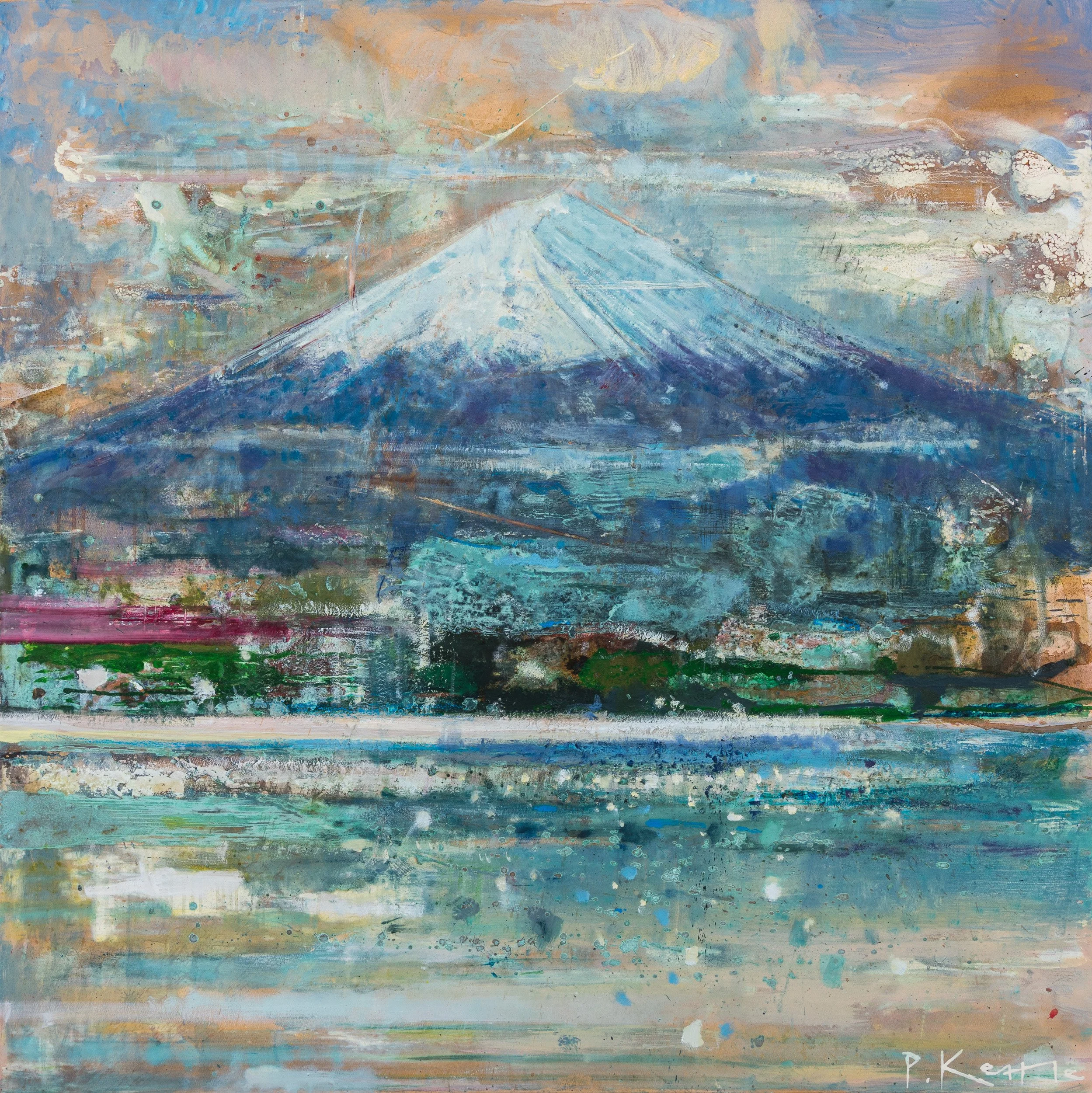 Fuji Standing Tall, original landscape painting by Peter Kettle depicting Mount Fuji across Lake Kawaguchi in Japan.