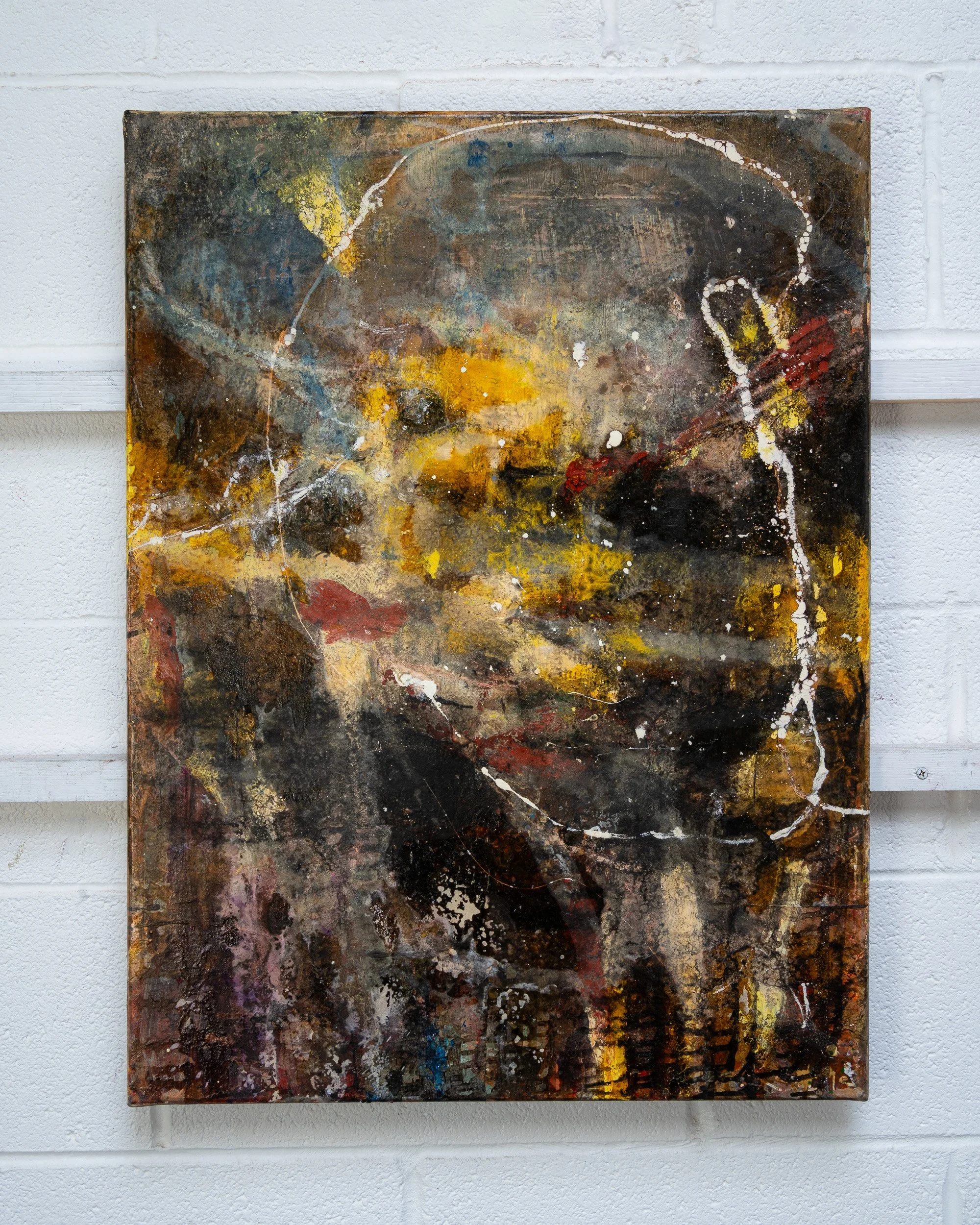 After Lenana by Peter Kettle, an abstract oil and mixed media painting inspired by Mount Kenya, photographed on the artist’s studio wall.