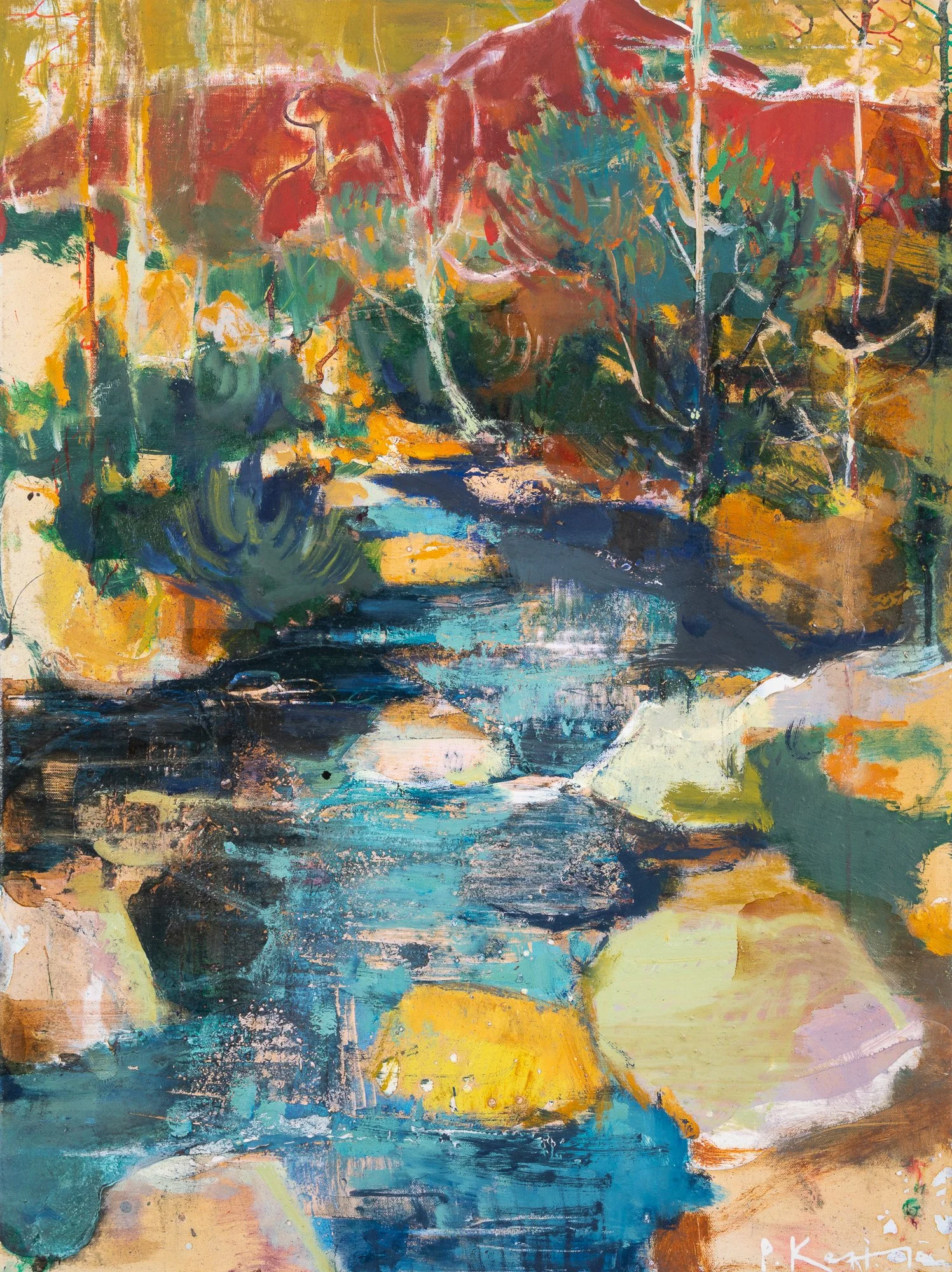 Original painting by Peter Kettle depicting the Nithi River and Mugi Hill glowing red on the eastern slopes of Mount Kenya.