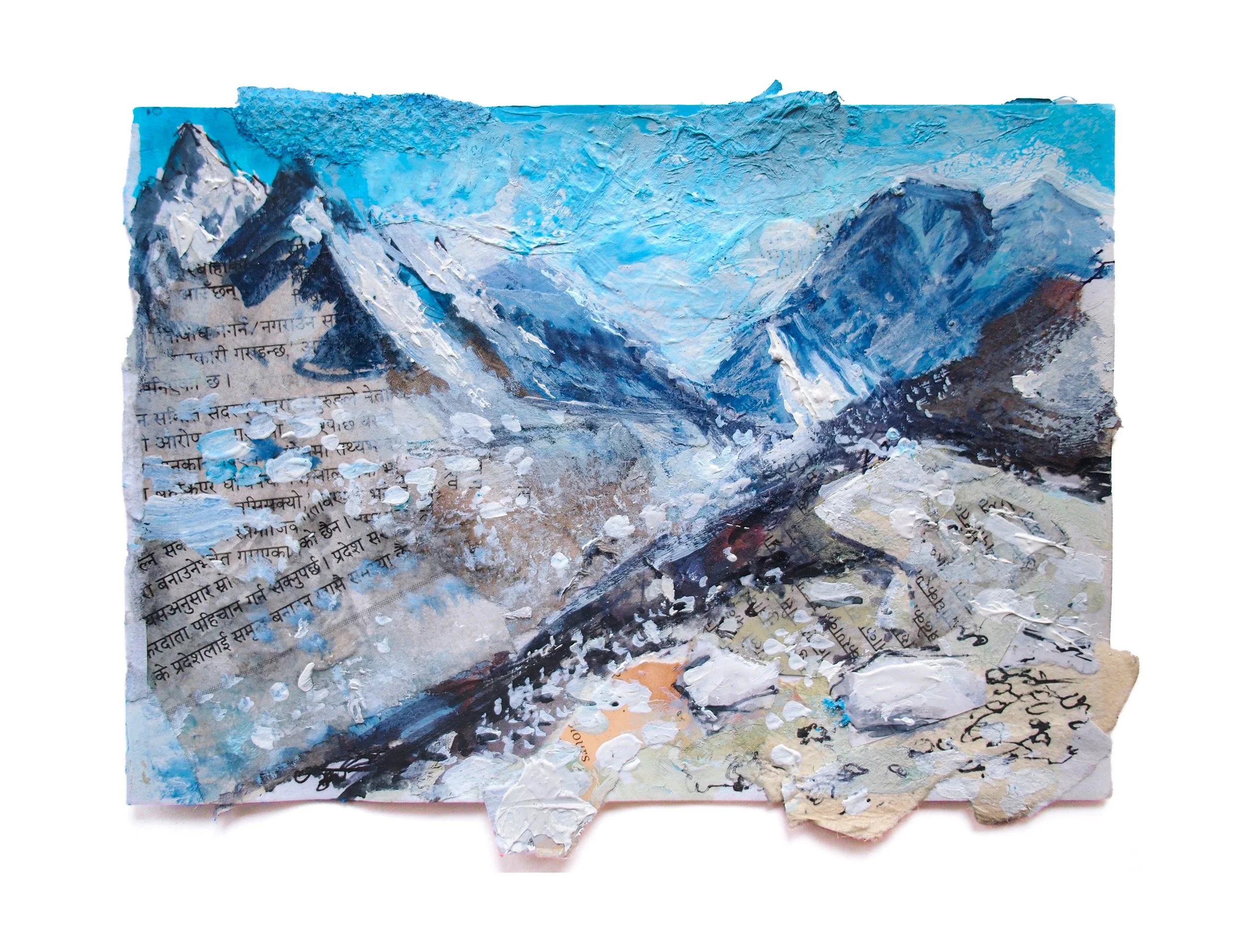 Mixed-media collage by Peter Kettle depicting a morning view across the Khumbu Glacier on the Everest Base Camp trail in Nepal.
