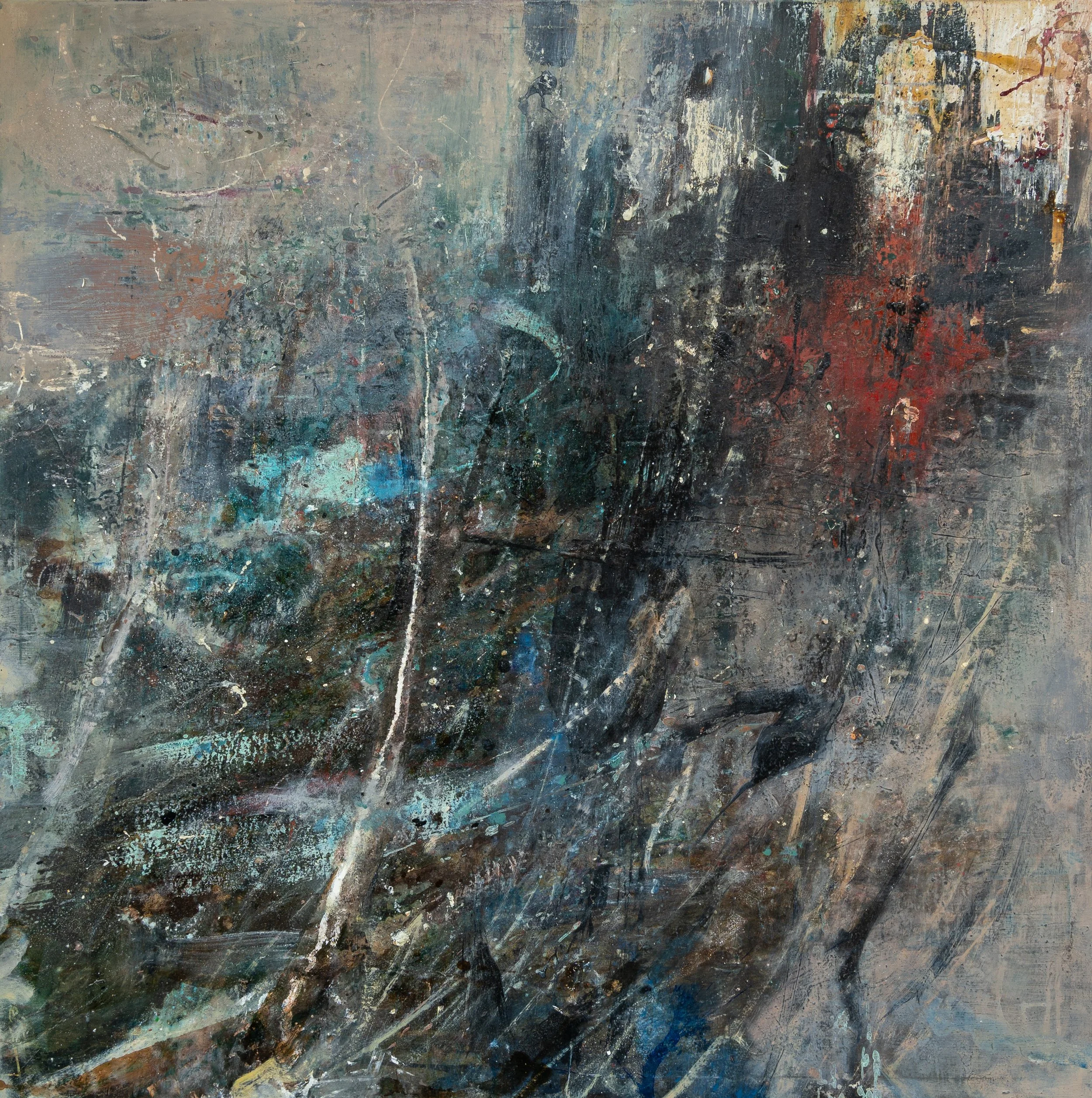 Into Chogoria by Peter Kettle, an abstract oil and mixed media painting inspired by the descent through Mount Kenya’s Chogoria landscape.