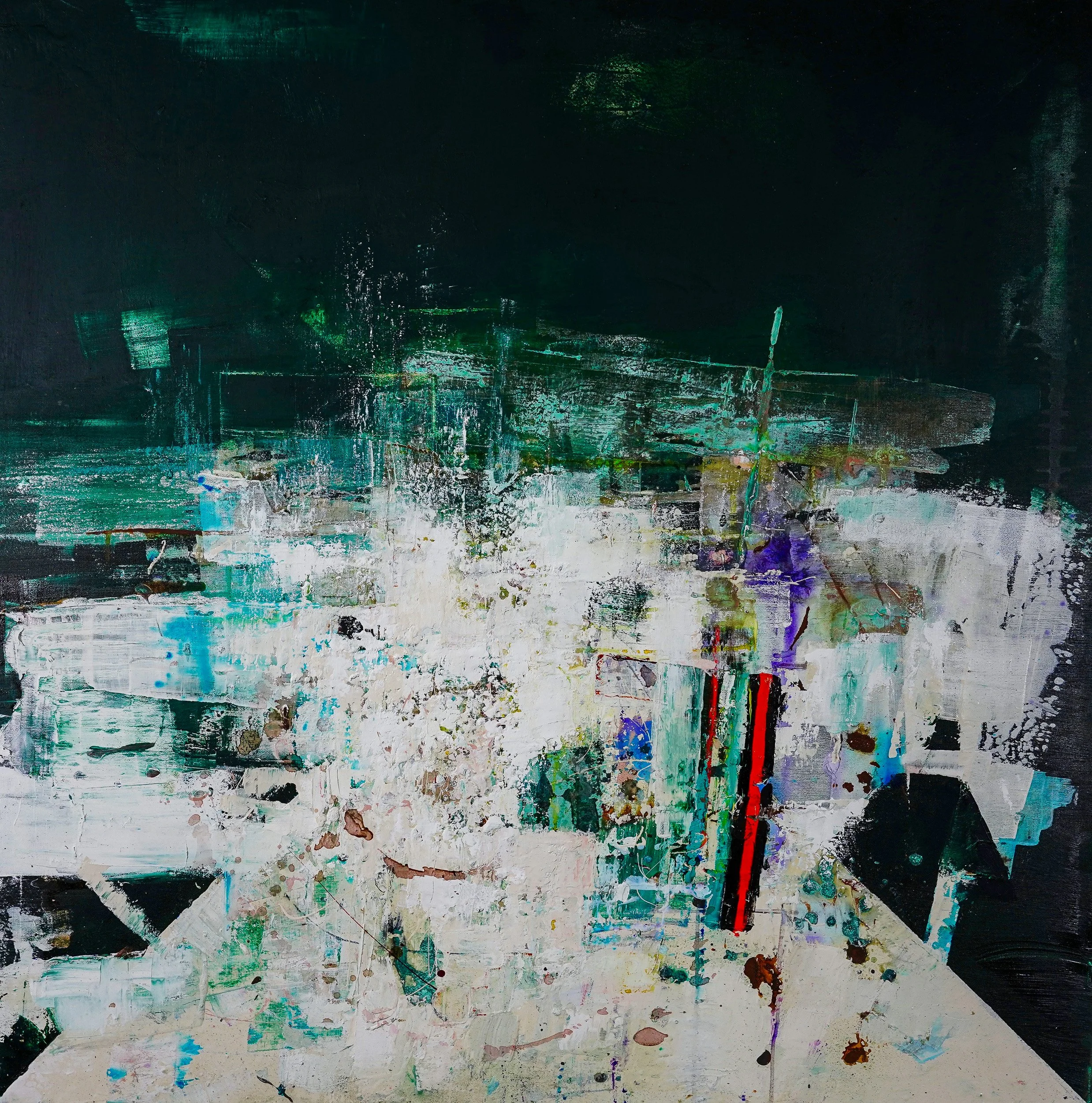Abstract painting Haf from the Ôl series by Peter Kettle, with layered pale forms, deep green-black tones and fragmented turquoise marks.