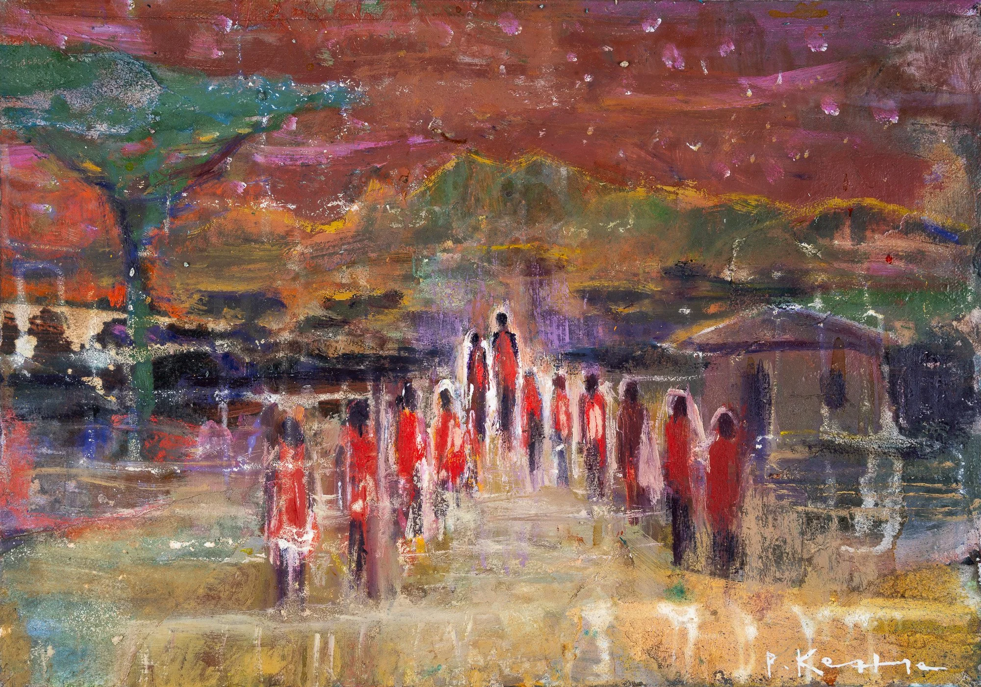Adumu, original painting by Peter Kettle depicting Maasai figures gathered in the Amboseli landscape in Kenya.