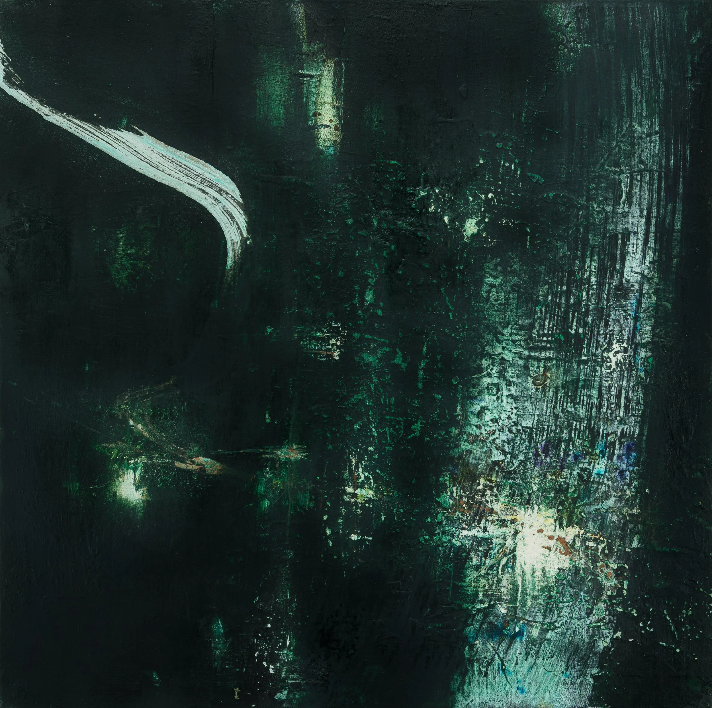 Nocturne by Peter Kettle. Dark abstract painting with deep emerald and black surfaces, luminous turquoise textures and a sweeping pale curved mark entering from the upper left.