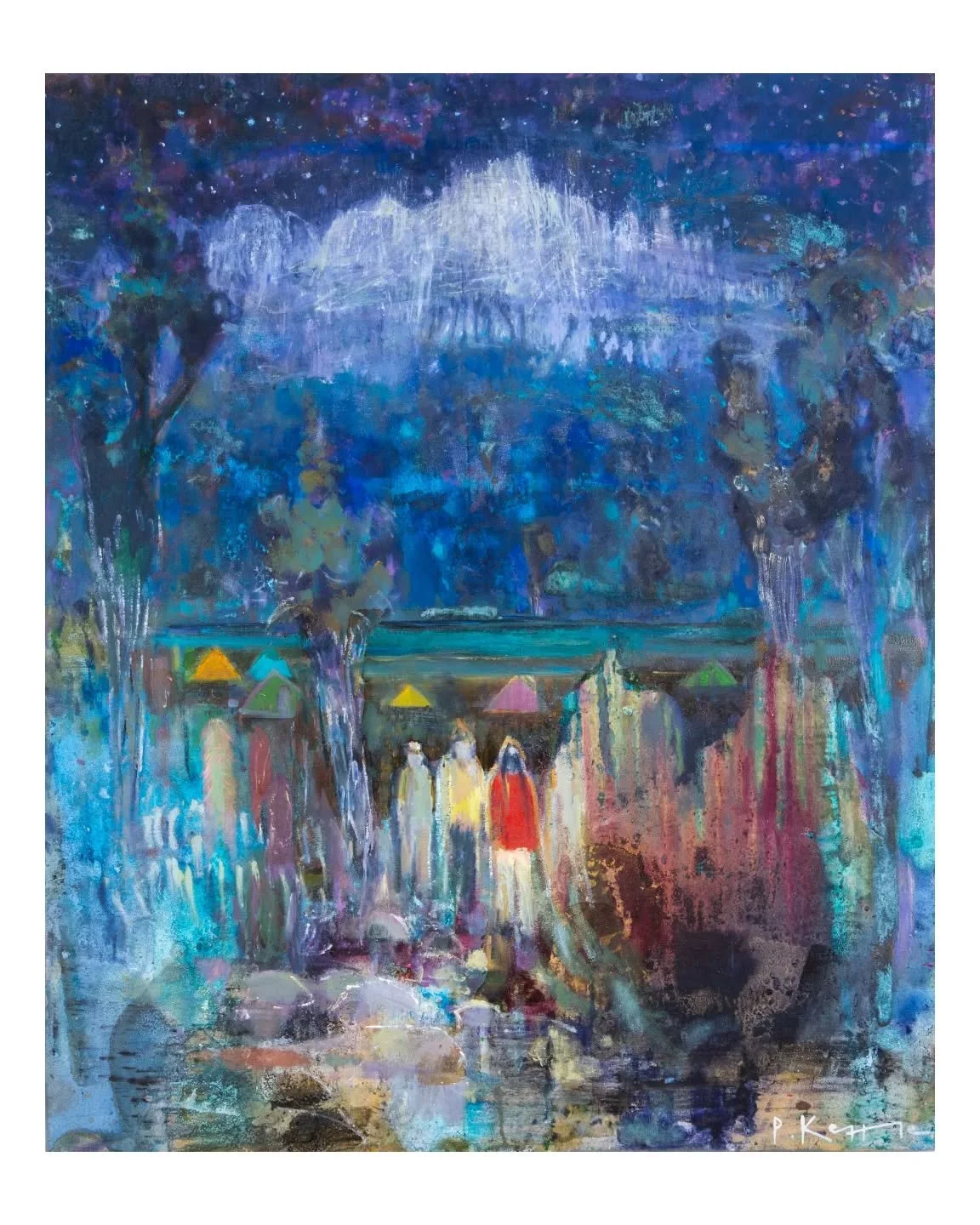 &ldquo;Night Among Mount Kenya Alpines, Castles in the Sky&rdquo;
100 &times; 120 cm
Oil on canvas
Oak frame 

At 2 a.m. on Mount Kenya: boots crunch over rock as each breath is taken deliberately, one at a time. This painting offers an interpretive 