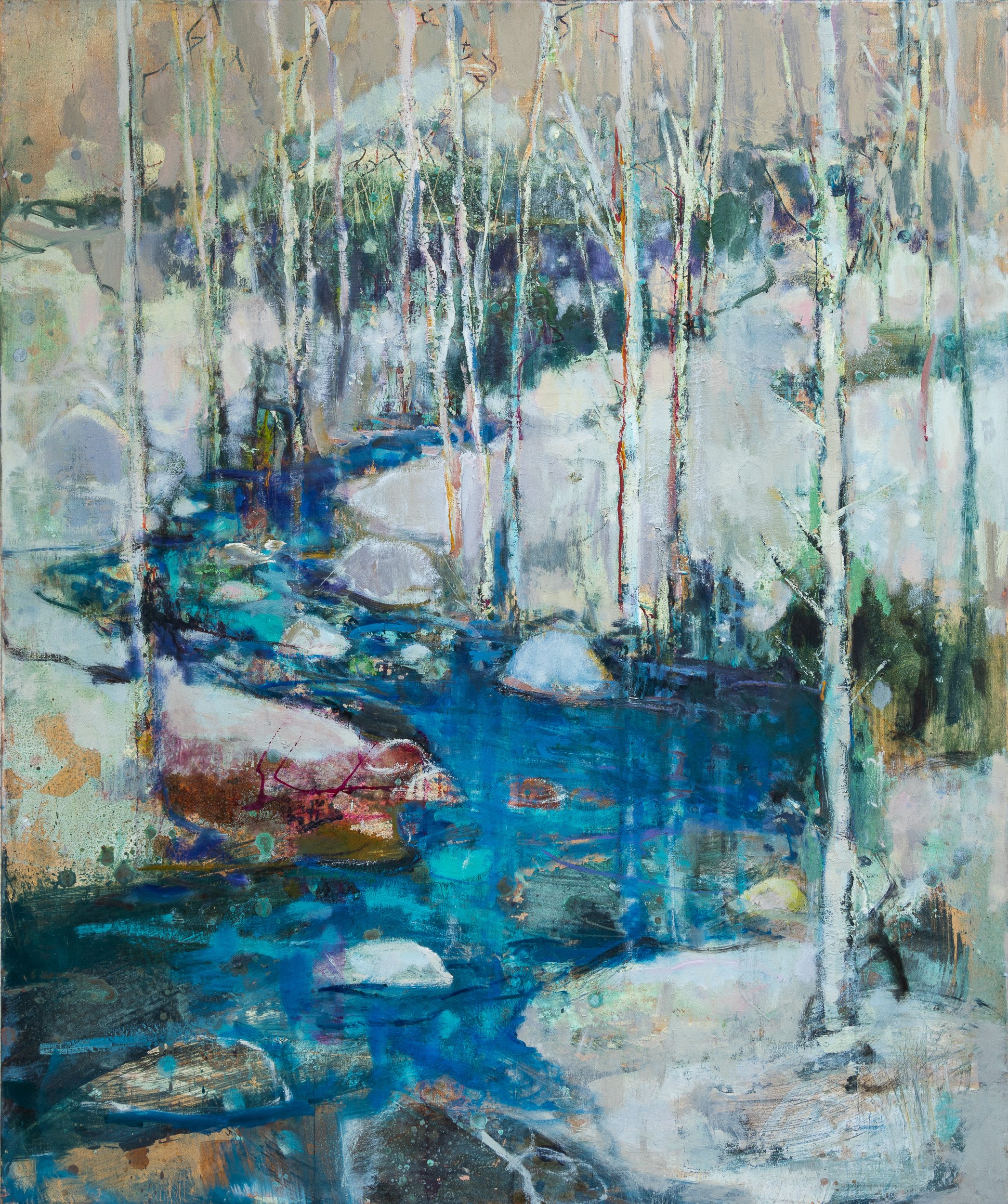 Upas is an original painting by Peter Kettle, exploring the snow-covered forests and turquoise waterways of Hokkaido through expressive layers of colour and mark-making